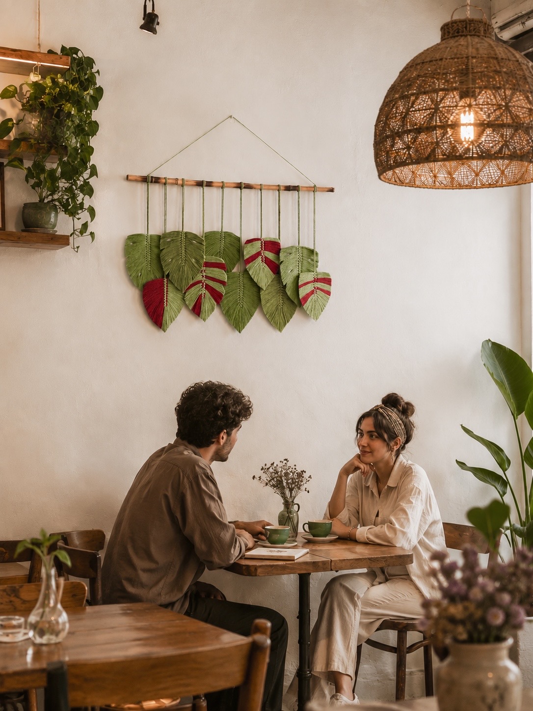 دیوارکوب مکرومه مدل برگ انجیری/سبزکاهویی و آلبالویی/دیزاین کافه(فیکس و ماندگار)